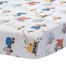 Bedtime Originals Construction Zone Baby Polyester Fitted Crib/Toddler Sheet- White/Trucks