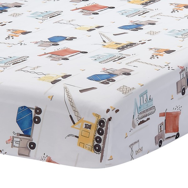 Bedtime Originals Construction Zone Baby Polyester Fitted Crib/Toddler Sheet- White/Trucks