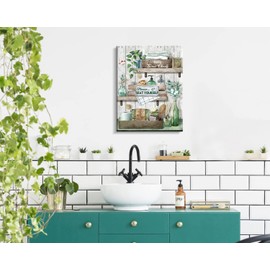 ARTINME Farmhouse Bathroom Decor Wall Art Rustic Green Funny Bathroom Pictures Canvas Sign Artwork Home Decor for Bathroom Framed Ready to Hang 11x14 inch