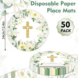 Christian Paper Placemats Disposable 50 Pack White Floral Blessed Cross Place Mats 13.7 Inch Round Table Mats for First Communion Baptism Wedding Bible Verse Prayers Religious Party Decoration