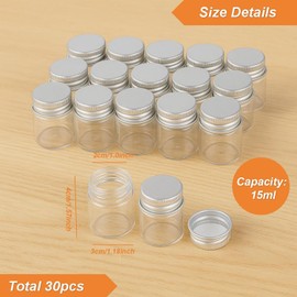 30 Pack 15ml/0.5Oz Clear Glass Jars with Aluminum Screw Lids Small Refillable Bottles Leakproof Empty Mini Containers for Samples, Spices, Beads, Cosmetics, DIY Crafts (4cm x 3cm)