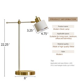 OYEARS Modern Industrial Desk Lamp for Reading LED 22.2“ Metal Table Lamp Light for Office Bedroom Study Room Living Room Nightstand Bedside Lamps Gold and Matte Cream Accent (Cream, Bulb Included)