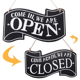 BTtime Open Close Plate Wooden Double Sided Sign Board Sign Plate Interior with String Reversible Stylish for Shop, Cafe, Restaurant, Grocery Store (Black)