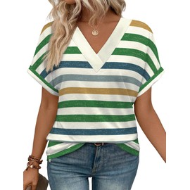 WIHOLL Summer Tops for Women 2025 Spring Casual V Neck Short Sleeve Basic Cruise Shirts Outfits Cute Green Stripes L