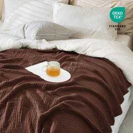 Carriediosa 100% Cotton Muslin Throw Blanket 50" X 70" Throw XL Size，4-Layers Summer Gauze Throws for Bed Couch，Soft Lightweight Breathable Linen Blankets Bedspread for Adults All Season，Dark Brown