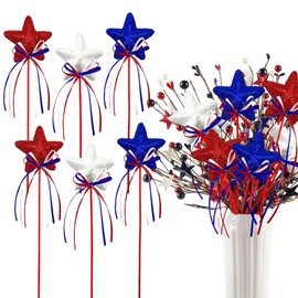 YLOIJO 4th of July Flower Picks Glitter Puffy Star Foam Sparkly Sticks for Americana Independence Day, 6 Pcs Red White Blue Party Crafts Supplies Decorations, Memorial Day Patriotic Decor