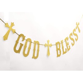 God Bless Banner Gold Glitter Baptism Garland for First Baptism Communion Party Christening Baby Shower Wedding Party Decorations