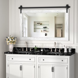 Menscha Farmhouse Mirror 42”x28” White Rustic Mirror for Wall Vanity Mirrors Barn Door Style Decor Bathroom Living Room Entryway Bedroom Mirrors