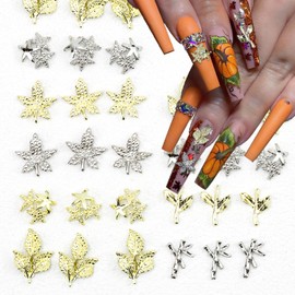 42Pcs Autumn Leaf Nail Art Charms 3D Alloy Fall Nail Charms for Thanksgiving Nail Jewelry Decoration Gold Silver Maple Leaf Nail Rhinestones Bamboo Leaves Star Nail Gems Fall Nail Supplies Accessories