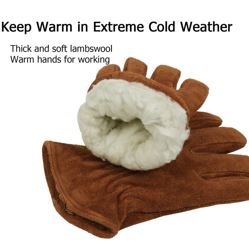 OZERO Winter Thermal Leather Work Gloves with Thick Imitation Lambswool
