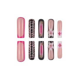 RUOKEXIN Long Press on Nails French Tip Fake Nails Ombre False Nails with 3D Flower Designs Square Nail Press ons Sparkly Artificial Nails for Women 24Pcs