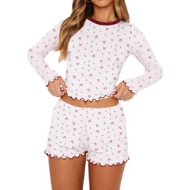 INFITTY 2025 Fall Womens Pajama Sets Cute PJ Shorts Long Sleeve Lounge Set Y2k Pajamas Cute Pjs Sleepwear White S