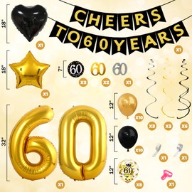 60th Birthday Decorations for Men Women, Black Gold 60th Birthday Balloons Cheers to 60 Years Banner Hanging Swirls for Happy 60th Birthday Decoration Anniversary Party Supplies Favors