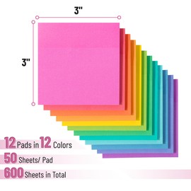 Mr. Pen- Sticky Notes, 3”x3”, 12 Pads, 600 Sheets, 12 Vibrant Color Sticky Notes 3x3, Back to School Supplies