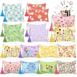 Blosssound 16 Pcs Flower Makeup Bags with Tassel Spring Cosmetic Portable Pouch Retro Daisy Floral Travel Purse Organizer Storage Zipper Toiletry Bags for Women Wedding Birthday Party Gift Favor