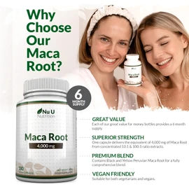 Maca Root Capsules 4000mg – 180 Vegan Capsules – 6-Month Supply – High-Strength Peruvian Maca for Men & Women – Made in the UK by Nu U Nutrition