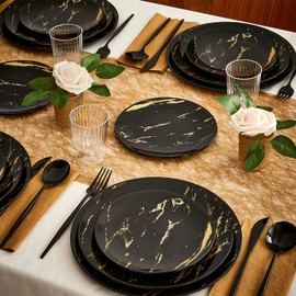 SILVER SPOONS Marble Design Disposable Dinner Plates For Party (10 Pc) Heavy Duty Disposable Dinner Set 10.25”, Fine Dining Plastic Dishes For Elegant China Look, s - Black/Gold