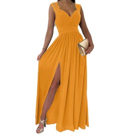 Dokotoo Womens Ladies Elegant Floor Length A Line Wrap Deep V Neck Backless Ruched Pleated Ruffled Split Long Maxi Formal Evening Party Prom Dress Bridesmaid Wedding Guest Dresses for Women Yellow XL