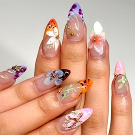 LWTZLW Flowers French Tip Press on Nails Medium Almond False Nails with Colorful Floral Design Full Cover Glue on Nail Reusable Acrylic Fake Nails Glossy Artificial Stick on Nail for Women