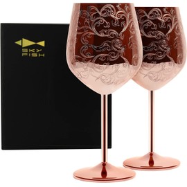 Sky Fish - Copas de vino de acero inoxidable grabadas con chapado en cobre, juego de 2 copas de vino de 17 onzas