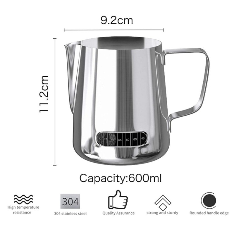 Milk Frothing Jug 600ml Thermometer Control Espresso Coffee Pitcher Measurements