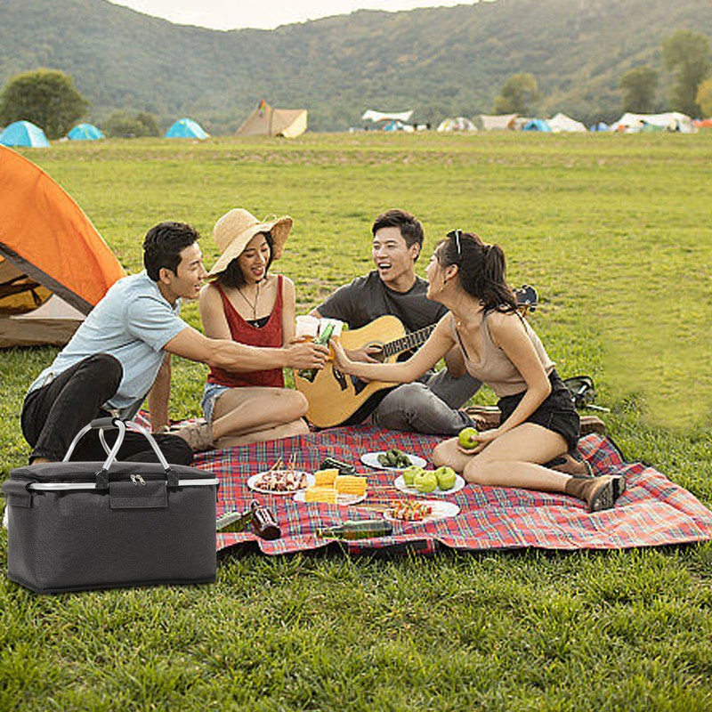 Picnic Bag Foldable Picnic Basket Insulated Comfortable Handle Ice Pockets