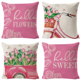 Sunshine smile Tulip Cushion Cover, 40 x 40 cm, Set of 4 Flower Cushion Covers, Decorative Cushion Cover, Corduroy, Decorative Cushion Living Room, Decorative Cushion with Flowers, for Sofa, Armchair