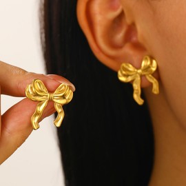 Dcfywl731 Bow Necklace and Bow Earrings for Women 14K Gold Plated Bowknot Dainty Bow Pendant Chain Necklace Fashion Jewelry Gifts