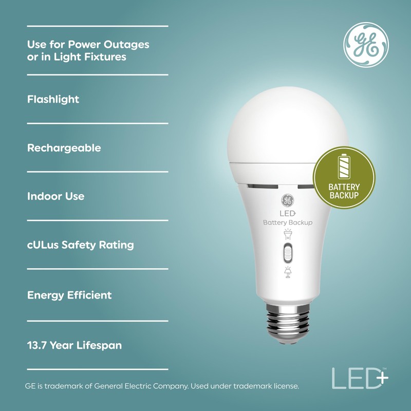 GE LED+ Battery Backup A21 LED Light Bulbs, Rechargeable Light