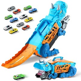 Dinosaurios de Juguetes, EASYTAO Pista de Dinosaurios con 12 Autos, Camión de Dinosaurio Transportador de Automóviles con Deslizante Plegable, Juguete
