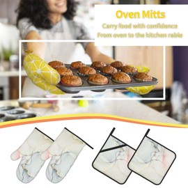 Lukbfall Natural Luxury Marble Pattern Oven Mitts and Pot Holders 4 Pcs Set Oven Glove and Potholder Suitable for Barbecues Baking Cooking Microwave