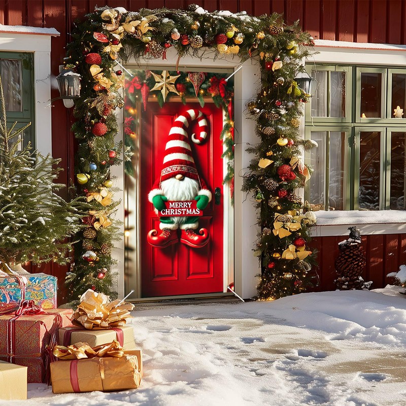 Christmas Door Cover Gnome Stripes 35x71 Inch Polyester