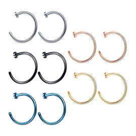 Pack of 10 Nose Piercing Ring, Fake Piercing Nose Ring, Fake Nose Ring, Fake Lip Piercing, Nostril Septum No Nose Piercing for Ear Lips Breasts Earring Rings Set (Black, Gold, Silver, Blue, Rose