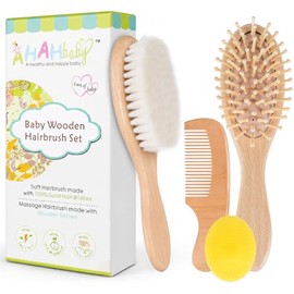 4 Piece Baby Hair Brush and Comb Set for Newborns, Wooden Baby Brush with Soft Natural Goat Bristle, Infant Hair Care Kit Helps Prevent Cradle Cap, Gr