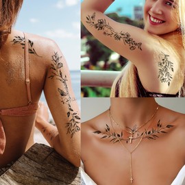 Casciybo Temporary Tattoos for Women Girls -24 Sheets Black Flower Leaf Wild Plants Sketch Realistic Long-lasting Tattoo Stickers Waterproof Tattoo Sets for Arm Collarbone Leg Backbone Body Art