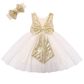 Cilucu Flower Girl Dress Baby Toddlers Sequin Dress Tutu Kids Party Dress Bridesmaid Wedding Gown Birthday Dress Gold/Off White 5T-6T