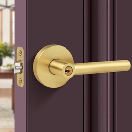 Gaurqiah Entry Door Lock with Keys,Brushed Gold Door Handles, Heavy Duty Door Lever, Round Doors Handle for Exterior/Interior Doors, Reversible Door Lever for Bedroom or Office-Satin Brass Finish