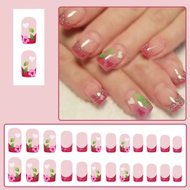 24Pcs Valentines Press on Nails Medium Square Fake Nails Flower Heart False Nails Valentines Acrylic Nails Pink French Tip Stick on Nails Cute Full Cover Glue on Nails for Women DIY Manicure