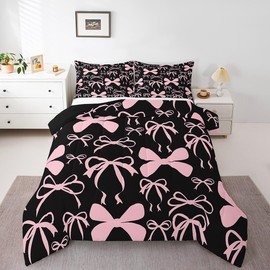 Feelyou Bow Bedding Set Boys Girls Full Size Black Pink Girls Bow Comforter Set for Kids Women Men Ultra Soft Cute Bowknot Comforter Kawaii Bow Duvet Set Room Decor Lovely Decor Quilt Set