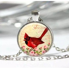 Fashion Jewelry 1"  RED CARDINAL BIRD Pendant Sterling 925 Silver plated 20" necklace art Gift