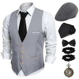 PARTTELY 1920s Mens Costume,Roaring 20s Costumes for Men,1920S Mens Outfit Accessories with Vest Hat Pocket Watch Tie Armband Gray