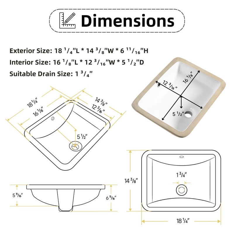 18"W x14"D Rectangular Undermount Bathroom Sink, Los Flexi 18 Inhc