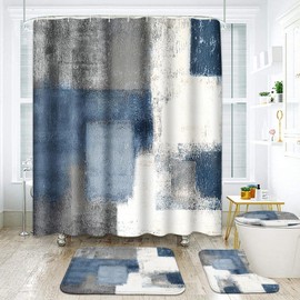 ArtSocket Navy Blue Grey Abstract Bathroom Set with Shower Curtain and Rugs Accessories, Painting Gray Vintage Retro Abstract Shower Curtain for Bathroom Decor 4 Pcs
