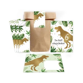 Minkocards 12 Invitation Cards for 6th Children's Birthday Boy Dino Dinosaur Invitations with 12 Envelopes, 12 Party Bags, Natural, 12 Stickers