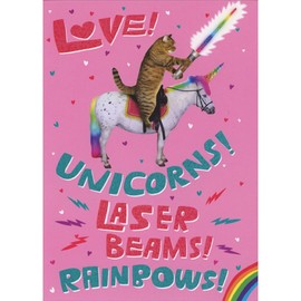 Sellers Publishing RSVP Cat on Unicorn: Love, Laser Beams and Rainbows Funny/Humorous Valentine's Day Card