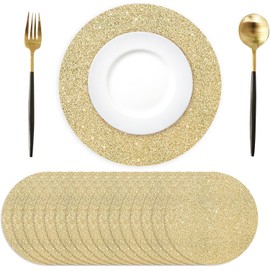 Pack of 50 Golden Paper Placemats, Round, 35 cm, Glitter Paper Placemats, Light Gold, Round Disposable Placemats, Decorative for Dining Table, Wedding, Birthday, Party, Christmas