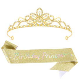 SuPoo Birthday Princess Crown and Sash Birthday Girl Tiara Headband Tiaras for Girls Flower Crystal Birthday Crown for Girls Birthday Decorations Outfit Accessories Birthday Gifts for Her Gold