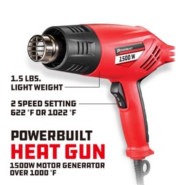 Powerbuilt Heat Gun Heavy Duty 1500W 2 Spd 622-1022F 7 Pc Nozzles Case - 240068 , Red
