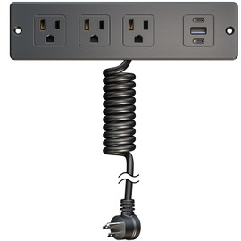 Recessed Furniture Drawer Outlet with 3 Fast-Charging USB Ports & 3 AC Outlets – 5 FT Spring Cord- (Black)