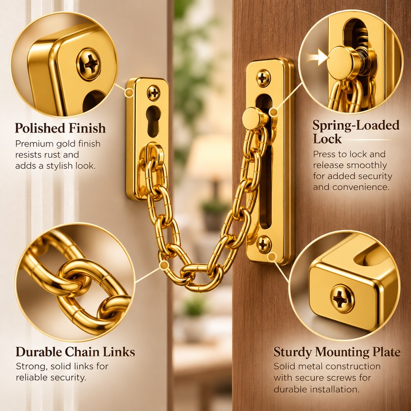 Stainless Steel Door Chain Lock, Heavy Duty Spring Loaded Press